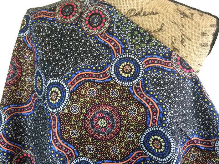 Australian Fabric--Aboriginal Art Design Fabric--Wild Bush Flowers Black--Cotton Quilt Fabric--Australian Aboriginal Fabric by the YARD