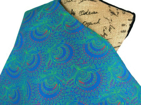 South African Shweshwe Fabric by the YARD. DaGama Three Cats Turquoise/Green/Orange Paisley. Cotton Fabric for Quilting, Apparel, Home Decor