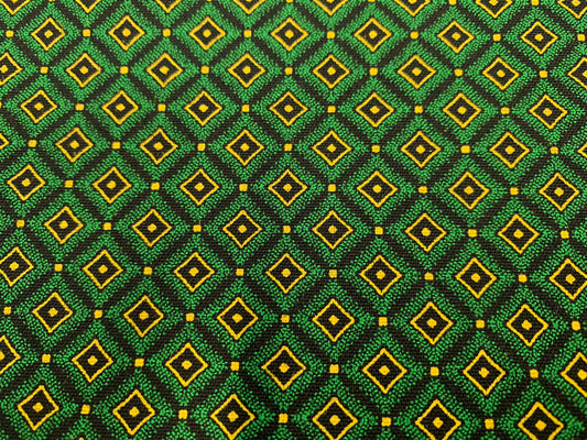 South African Shweshwe Fabric by the YARD. DaGama 3 Cats Mosaic Green, Gold, Black. Cotton Fabric for Quilting, Apparel, Home Decor