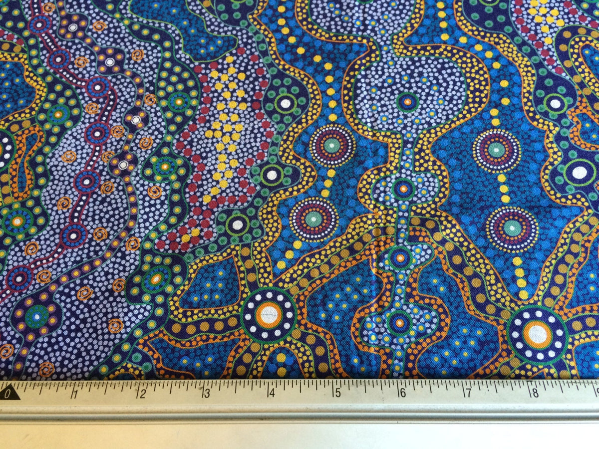 Australian Aboriginal Cotton Quilting Fabric by the YARD. M&S Textiles Yalke Blue featuring Original Australian Aboriginal Art Design