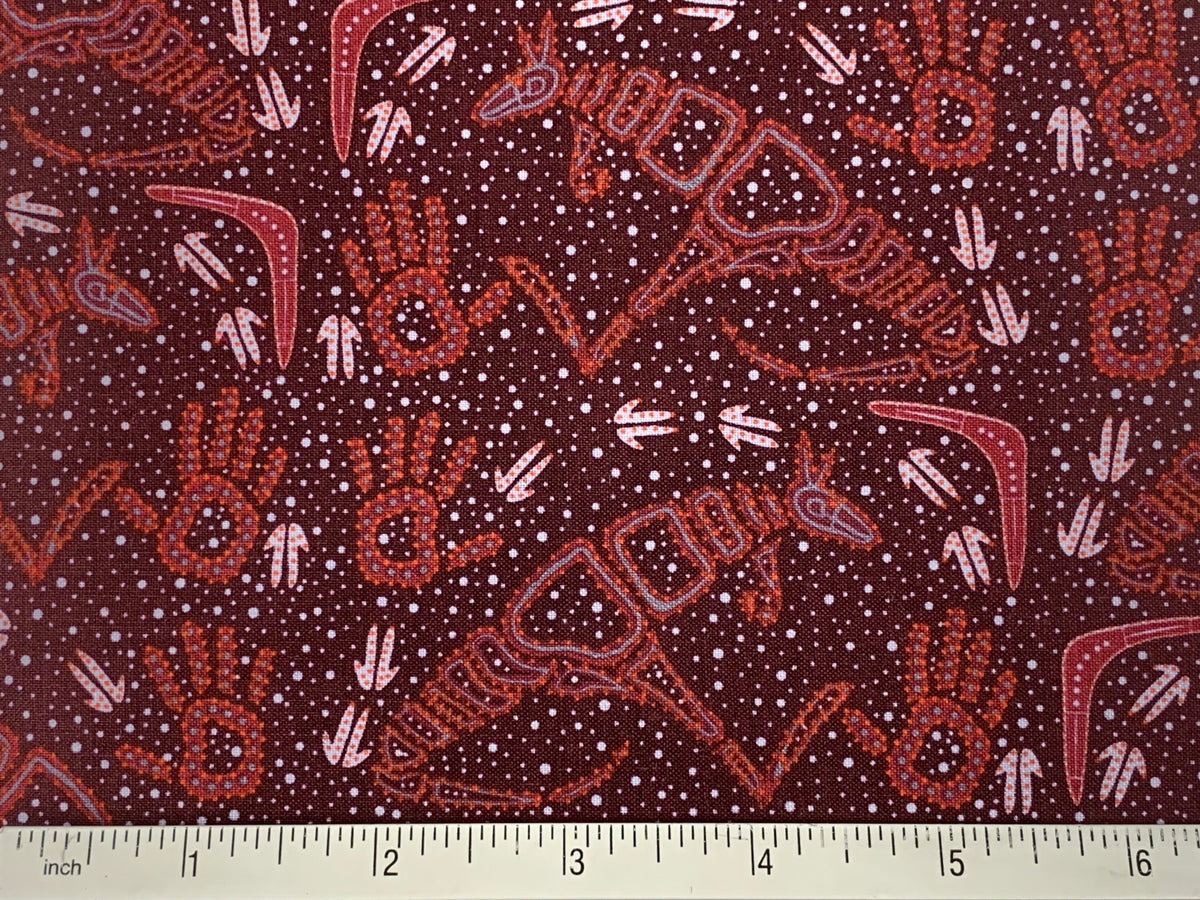 Australian Aboriginal Cotton Quilting Fabric by the YARD. M&S Textiles Rock Art Dreaming Burgundy. Original Aboriginal Kangaroo Art Design.