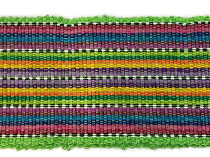 Guatemalan Mayan Handwoven Fabric for Sash, Belt, Strap, or Decorative Trim. Lime Green Cotton with Rainbow Stripes. 3 inches x 56 inches