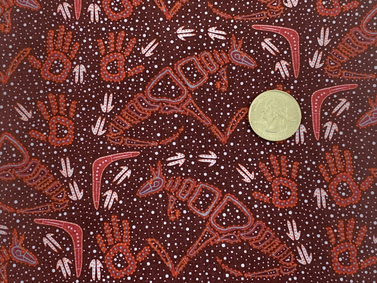 Australian Aboriginal Cotton Quilting Fabric by the YARD. M&S Textiles Rock Art Dreaming Burgundy. Original Aboriginal Kangaroo Art Design.