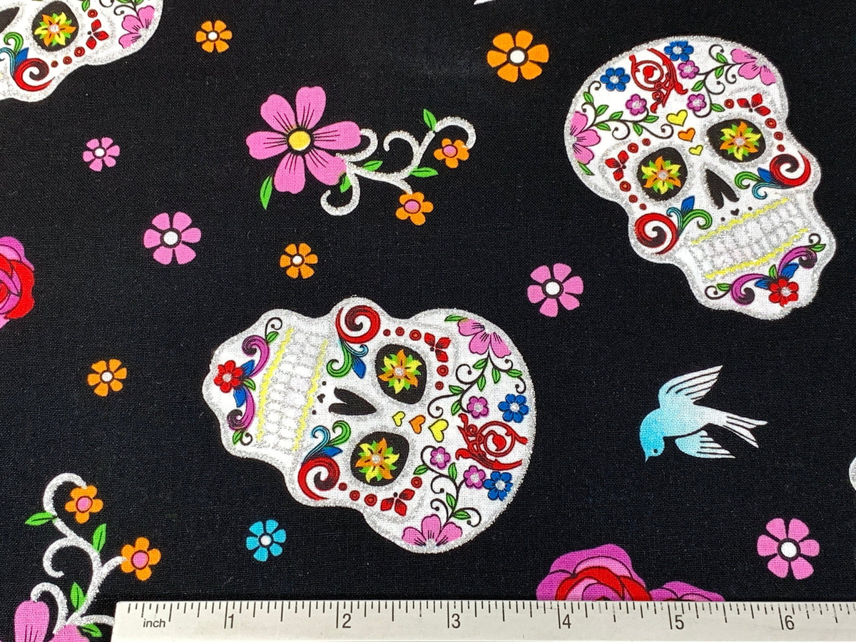 Day of the Dead Sugar Skull Fabric with Silver Metallic Glitter. Halloween Fabric Sold by the YARD. 100% Cotton for apparel & home decor.