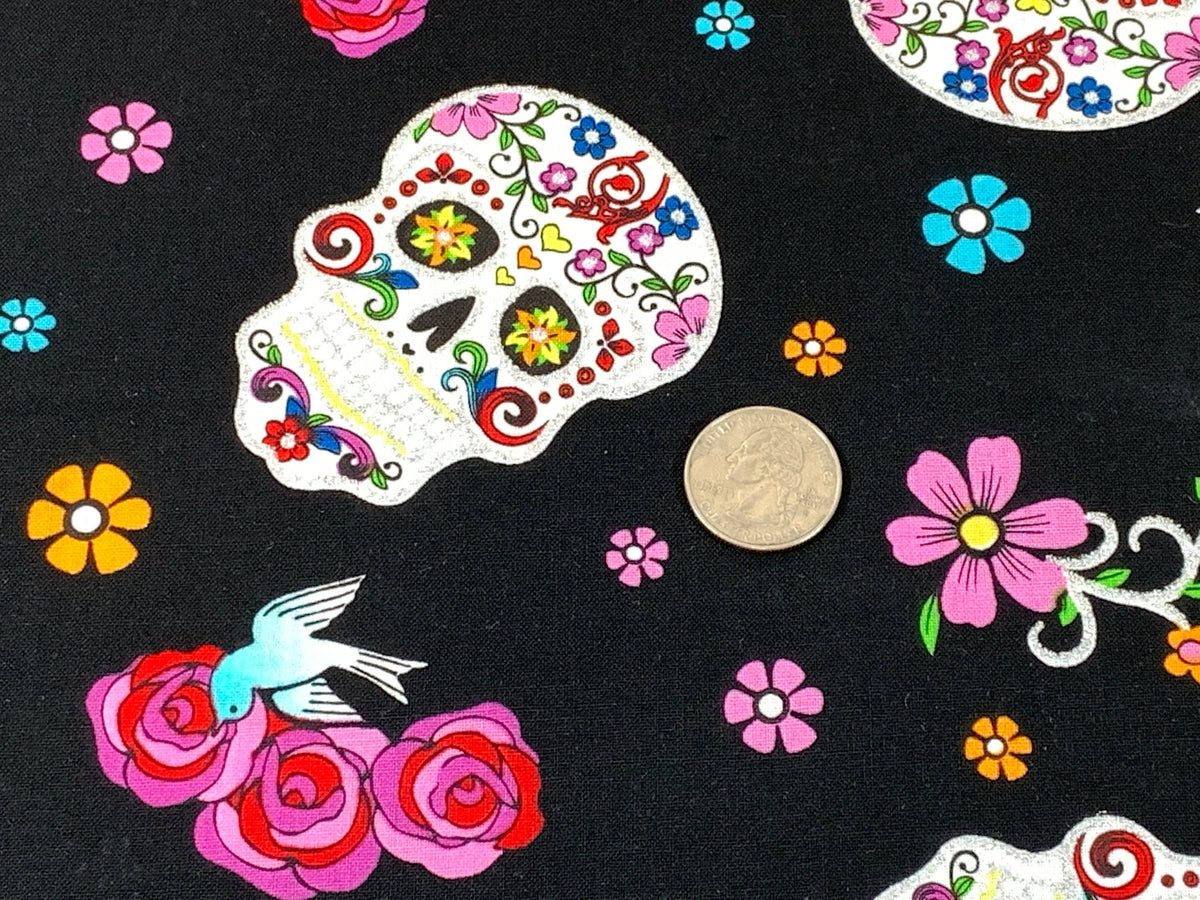 Day of the Dead Sugar Skull Fabric with Silver Metallic Glitter. Halloween Fabric Sold by the YARD. 100% Cotton for apparel & home decor.