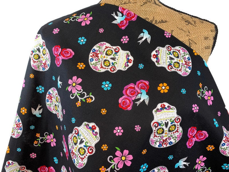 Day of the Dead Sugar Skull Fabric with Silver Metallic Glitter. Halloween Fabric Sold by the YARD. 100% Cotton for apparel & home decor.
