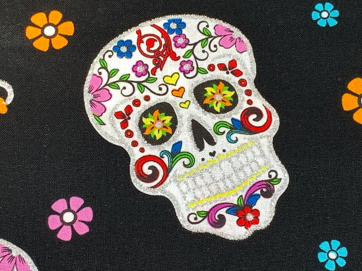 Day of the Dead Sugar Skull Fabric with Silver Metallic Glitter. Halloween Fabric Sold by the YARD. 100% Cotton for apparel & home decor.