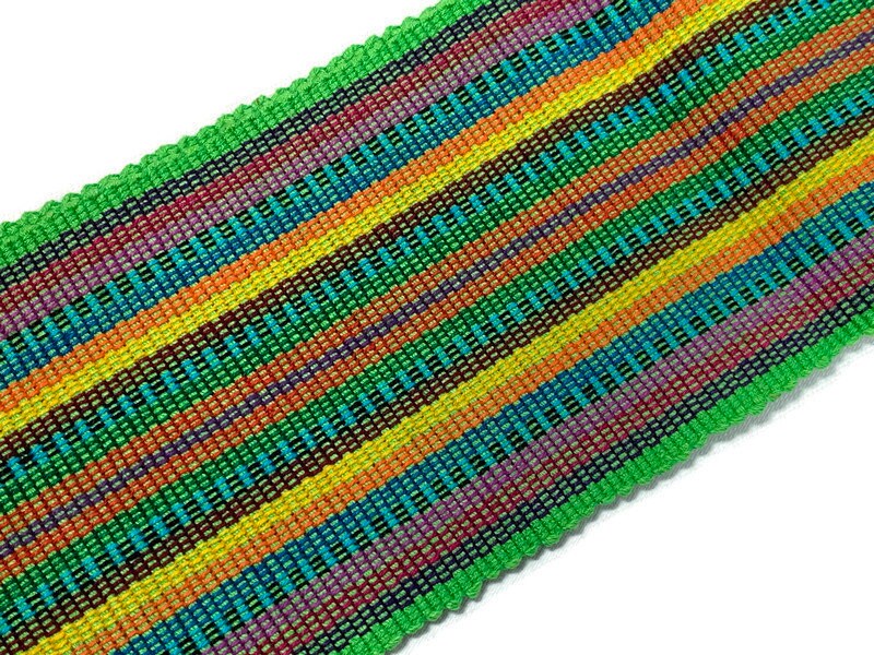Guatemalan Mayan Handwoven Fabric for Sash, Belt, Strap, or Decorative Trim. Cotton Green & Yellow Assorted Stripes. 3 inches x 56 inches