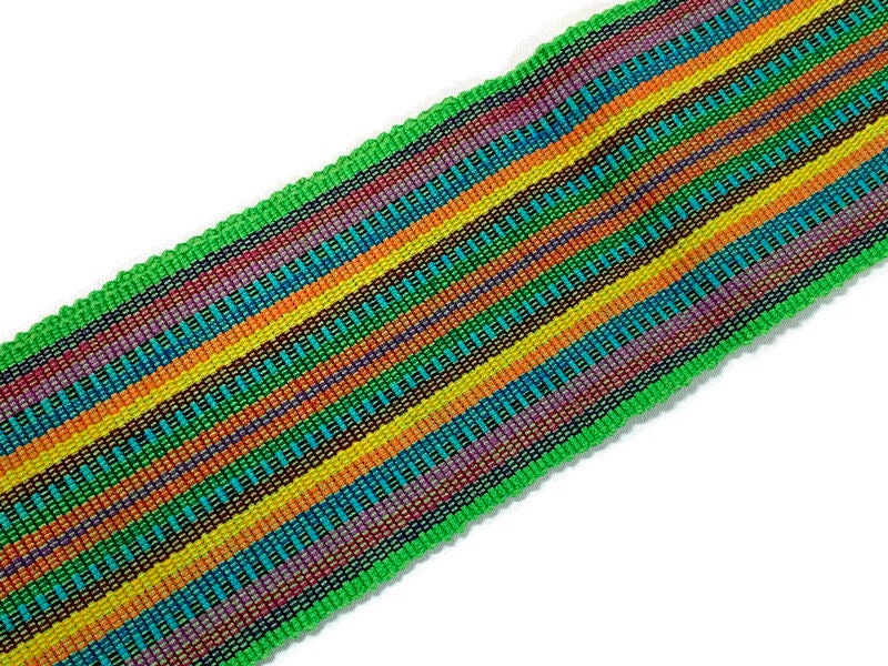 Guatemalan Mayan Handwoven Fabric for Sash, Belt, Strap, or Decorative Trim. Cotton Green & Yellow Assorted Stripes. 3 inches x 56 inches
