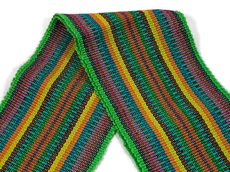 Guatemalan Mayan Handwoven Fabric for Sash, Belt, Strap, or Decorative Trim. Cotton Green & Yellow Assorted Stripes. 3 inches x 56 inches