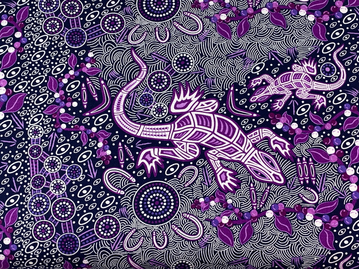 Australian Aboriginal Cotton Quilting Fabric by the YARD. M&S Textiles "Man and Goanna Violet". For sewing, quilting, apparel, home decor.