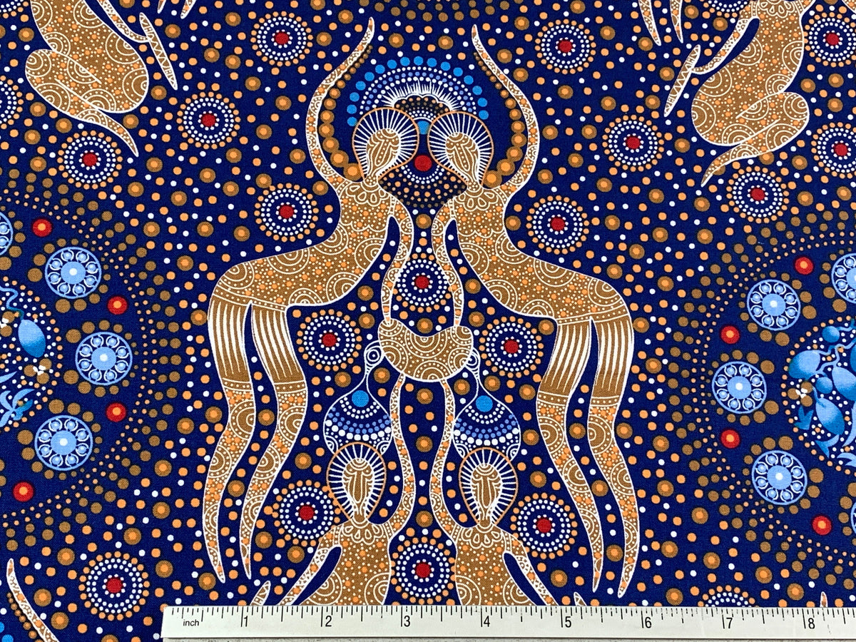 Australian Aboriginal Cotton Quilting Fabric by the YARD. M&S Textile Women Collecting Bush Food Gold. For sewing, quilting, apparel, decor.