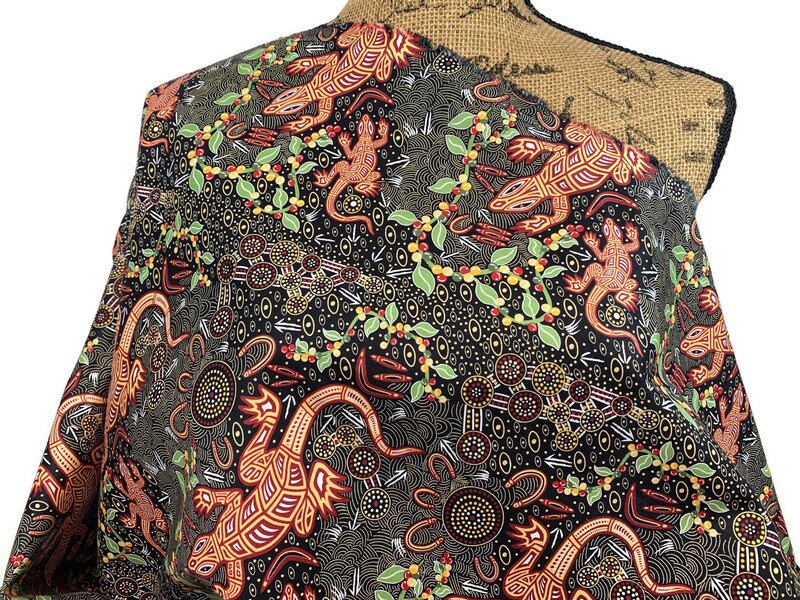 Australian Aboriginal Cotton Quilting Fabric by the YARD. M&S Textiles "Man and Goanna Black". For sewing, quilting, apparel, home decor.