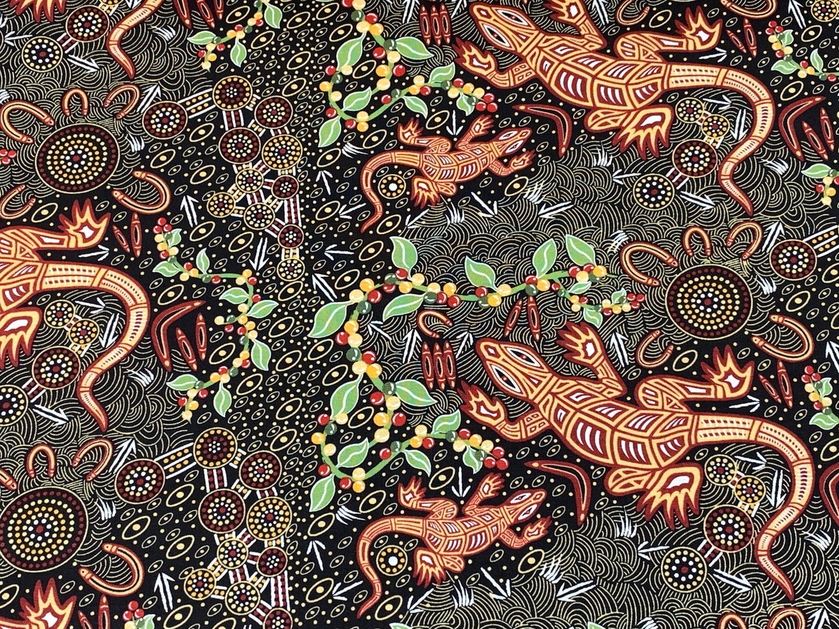 Australian Aboriginal Cotton Quilting Fabric by the YARD. M&S Textiles "Man and Goanna Black". For sewing, quilting, apparel, home decor.