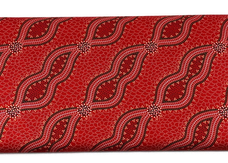 Australian Aboriginal Cotton Quilting Fabric by the YARD. M&S Textile Bush Spinifex Tango Red. For sewing, quilting, apparel, home decor.