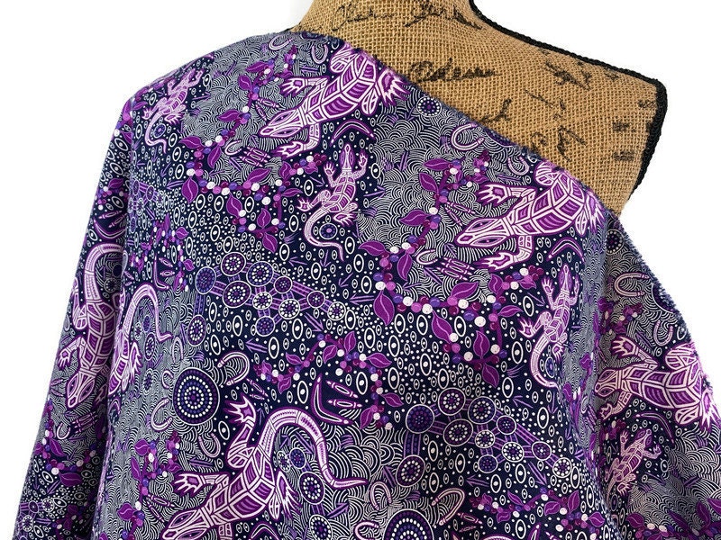 Australian Aboriginal Cotton Quilting Fabric by the YARD. M&S Textiles "Man and Goanna Violet". For sewing, quilting, apparel, home decor.