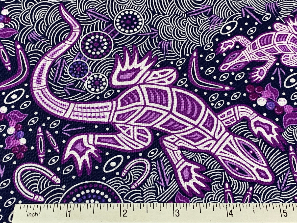 Australian Aboriginal Cotton Quilting Fabric by the YARD. M&S Textiles "Man and Goanna Violet". For sewing, quilting, apparel, home decor.