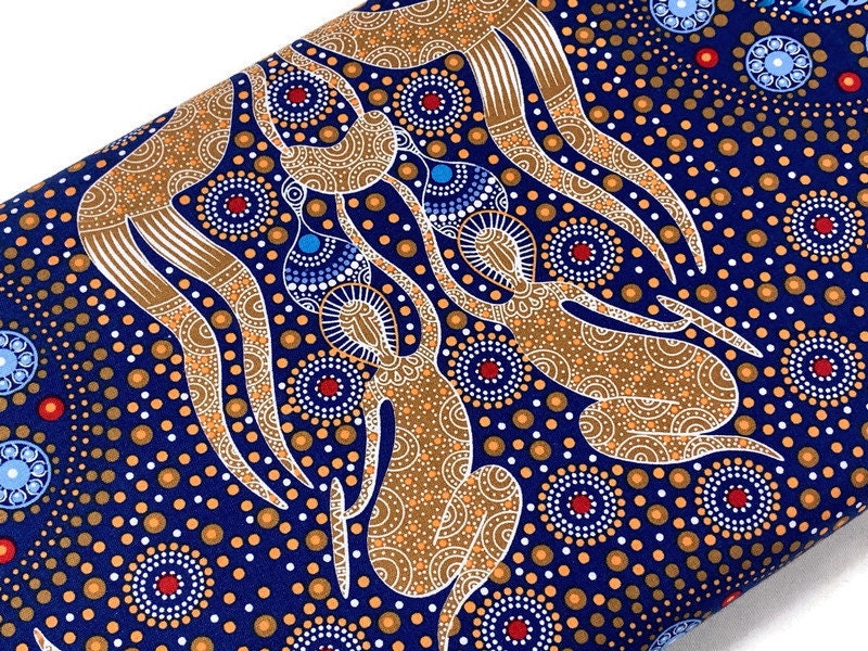 Australian Aboriginal Cotton Quilting Fabric by the YARD. M&S Textile Women Collecting Bush Food Gold. For sewing, quilting, apparel, decor.