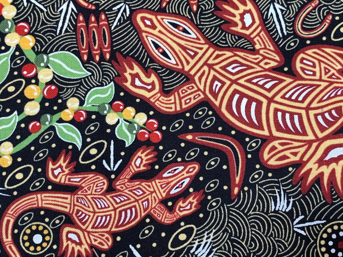 Australian Aboriginal Cotton Quilting Fabric by the YARD. M&S Textiles "Man and Goanna Black". For sewing, quilting, apparel, home decor.
