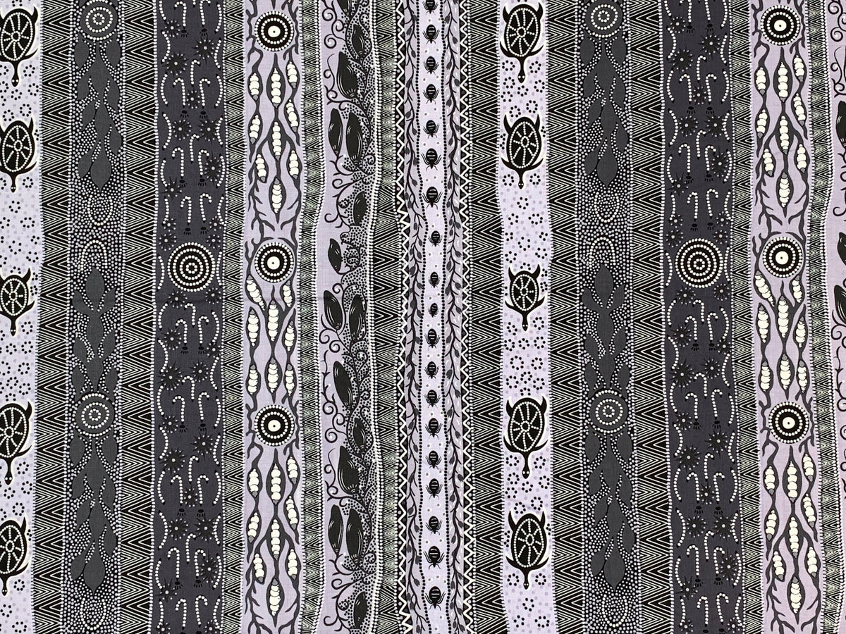 Australian Aboriginal Cotton Quilting Fabric by the YARD. M&S Textiles "Dreaming in One Ash and Black". For sewing, quilting, home decor.