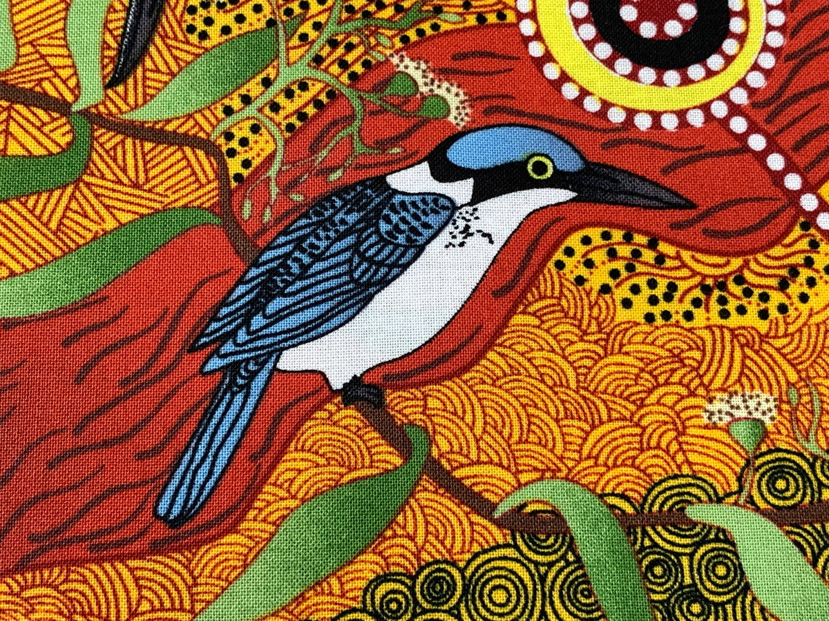 Australian Aboriginal Cotton Quilting Fabric by the YARD. M&S Textiles Kingfisher Camp By The River Yellow. For sewing, apparel, home decor.
