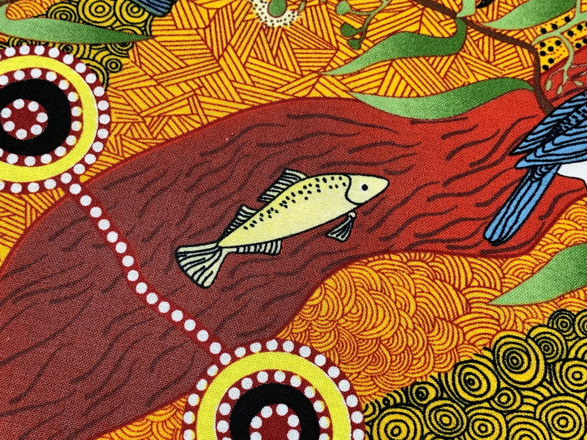 Australian Aboriginal Cotton Quilting Fabric by the YARD. M&S Textiles Kingfisher Camp By The River Yellow. For sewing, apparel, home decor.