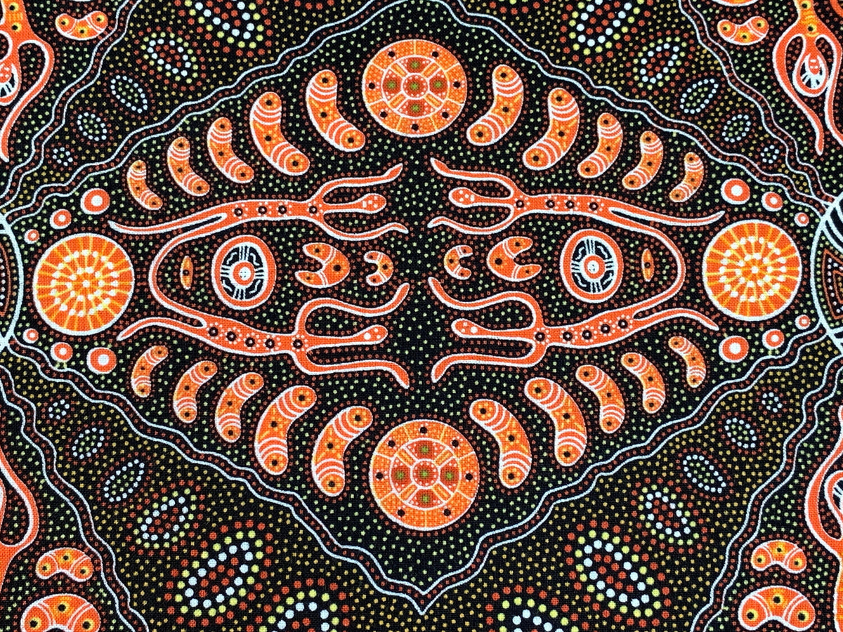Australian Aboriginal Cotton Quilting Fabric by the YARD. M&S Textiles Spirit People 2 Orange. For sewing, quilting, apparel, home decor.