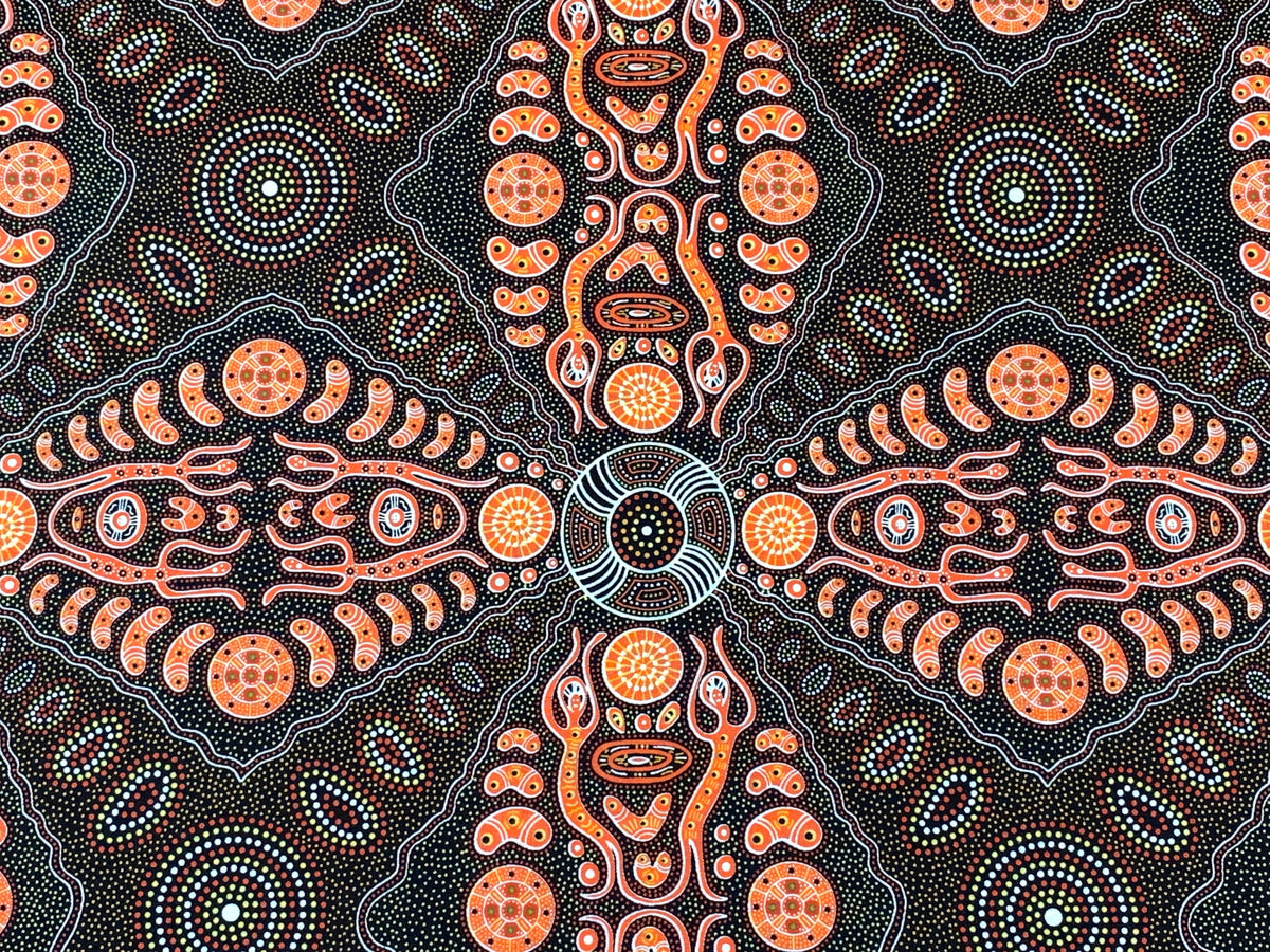 Australian Aboriginal Cotton Quilting Fabric by the YARD. M&S Textiles Spirit People 2 Orange. For sewing, quilting, apparel, home decor.