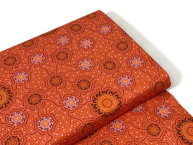 Australian Aboriginal Cotton Quilting Fabric by the YARD. M&S Textiles "Caming Ground Orange". For sewing, quilting, apparel, home decor.