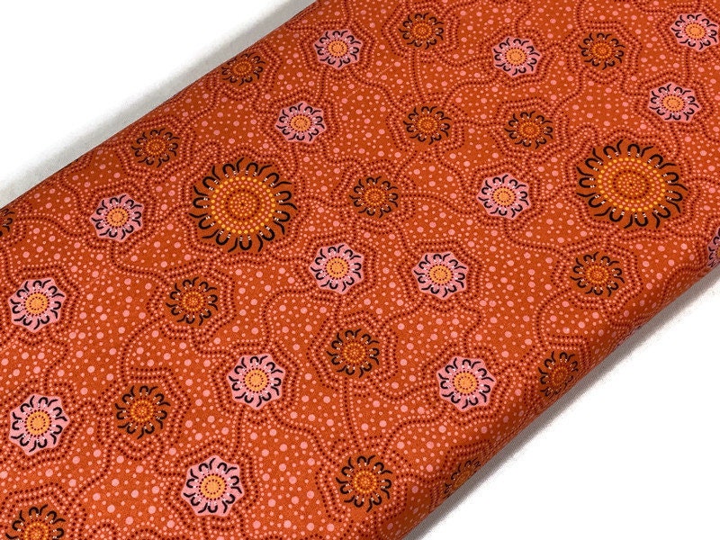 Australian Aboriginal Cotton Quilting Fabric by the YARD. M&S Textiles "Caming Ground Orange". For sewing, quilting, apparel, home decor.