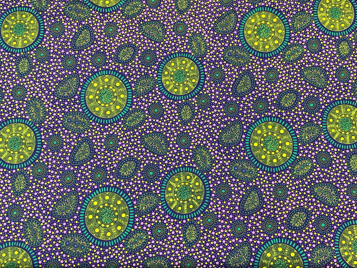 Australian Aboriginal Cotton Quilting Fabric by the YARD. M&S Textiles "Bush Onions and Wild Flowers Purple". For quilting, apparel, home.