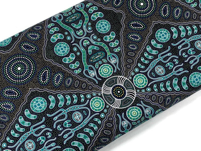 Australian Aboriginal Cotton Quilting Fabric by the YARD. M&S Textile Spirit People 2 Green. For sewing, quilting, apparel, home decor.