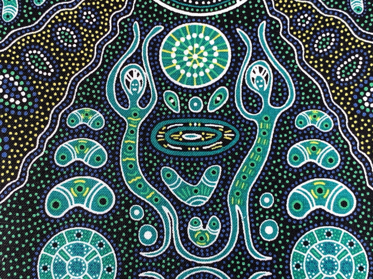 Australian Aboriginal Cotton Quilting Fabric by the YARD. M&S Textile Spirit People 2 Green. For sewing, quilting, apparel, home decor.