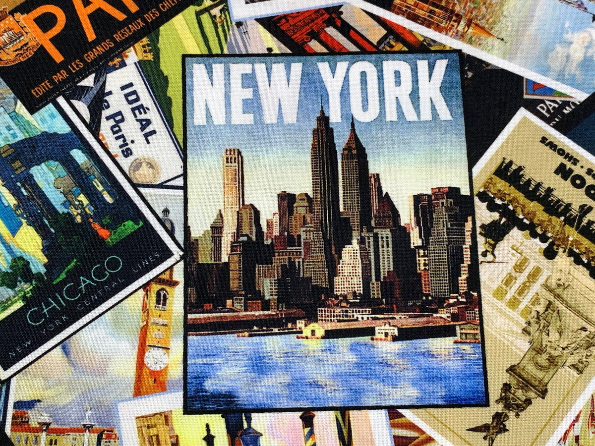 International Big City Postcards Fabric Sold by the YARD. New York/Paris/London/Milan/Chicago/Venice. 100% Cotton for Quilting, Home Decor.