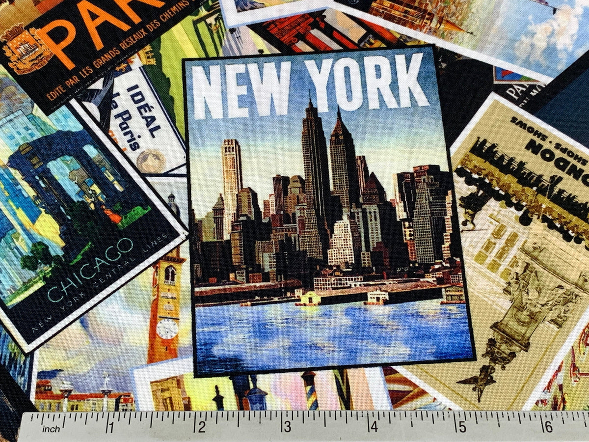 International Big City Postcards Fabric Sold by the YARD. New York/Paris/London/Milan/Chicago/Venice. 100% Cotton for Quilting, Home Decor.