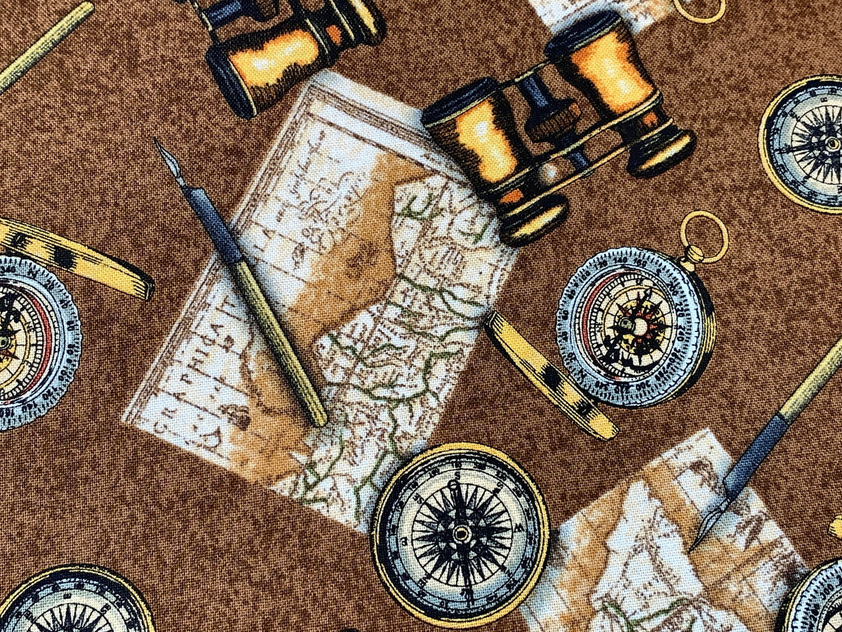 World Traveler Print Fabric Sold by the YARD. Expedition Pathfinder Travel Print in Chocolate. 100% Cotton for Quilting, Apparel, Home Decor