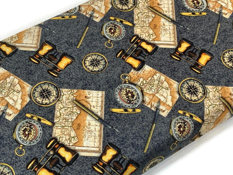 World Traveler Print Fabric Sold by the YARD. Expedition Pathfinder Travel Print in Slate Gray. 100% Cotton for Quilting, Apparel, Decor.