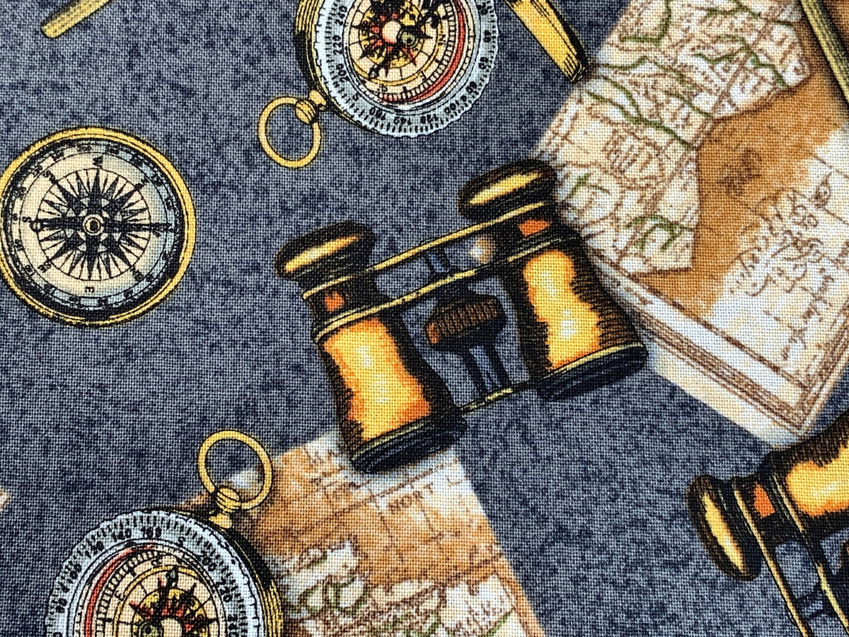 World Traveler Print Fabric Sold by the YARD. Expedition Pathfinder Travel Print in Slate Gray. 100% Cotton for Quilting, Apparel, Decor.