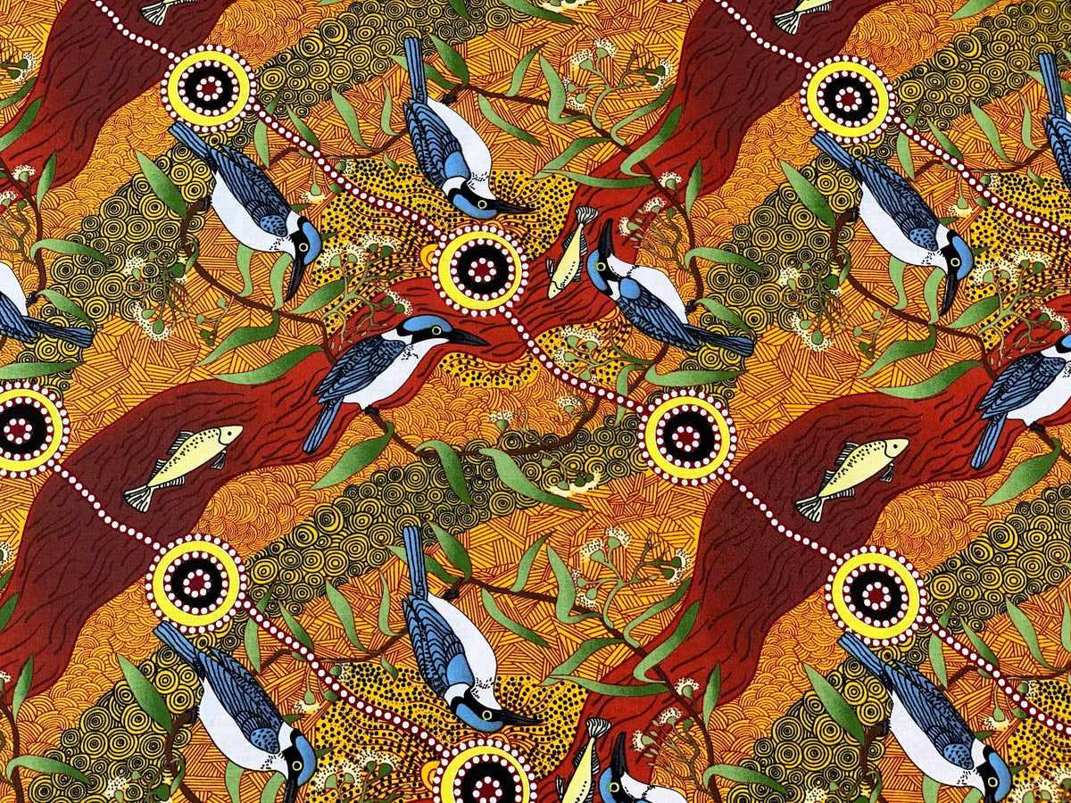 Australian Aboriginal Cotton Quilting Fabric by the YARD. M&S Textiles Kingfisher Camp By The River Yellow. For sewing, apparel, home decor.