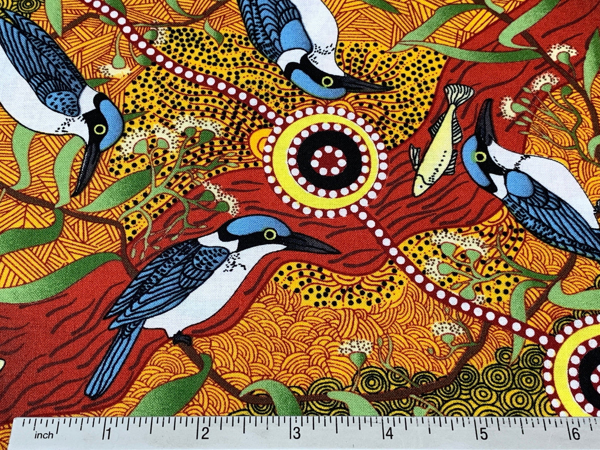 Australian Aboriginal Cotton Quilting Fabric by the YARD. M&S Textiles Kingfisher Camp By The River Yellow. For sewing, apparel, home decor.