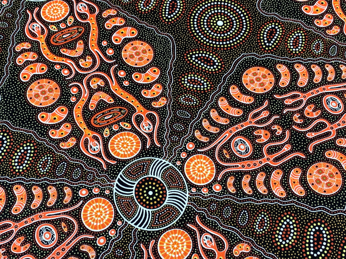 Australian Aboriginal Cotton Quilting Fabric by the YARD. M&S Textiles Spirit People 2 Orange. For sewing, quilting, apparel, home decor.