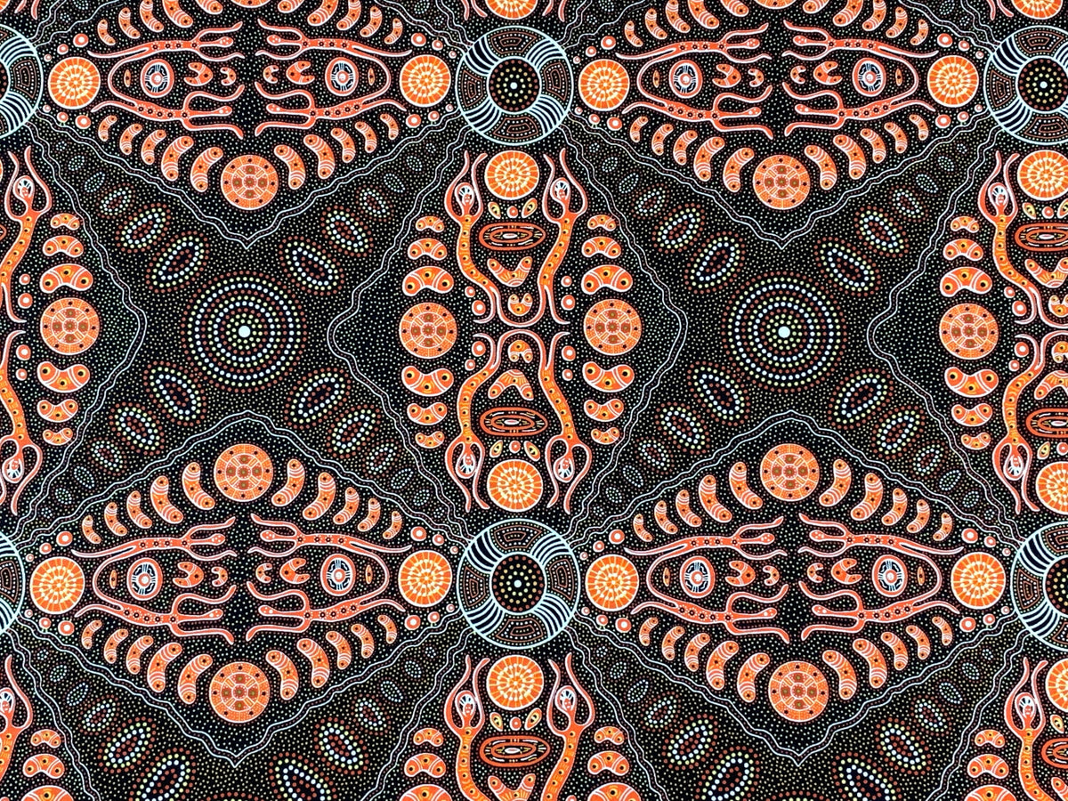 Australian Aboriginal Cotton Quilting Fabric by the YARD. M&S Textiles Spirit People 2 Orange. For sewing, quilting, apparel, home decor.