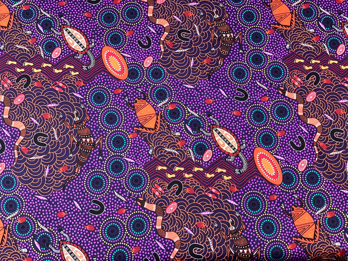 Australian Aboriginal Cotton Quilting Fabric by the YARD. M&S Textiles "Around Waterhole Purple". For sewing, quilting, apparel, home decor.