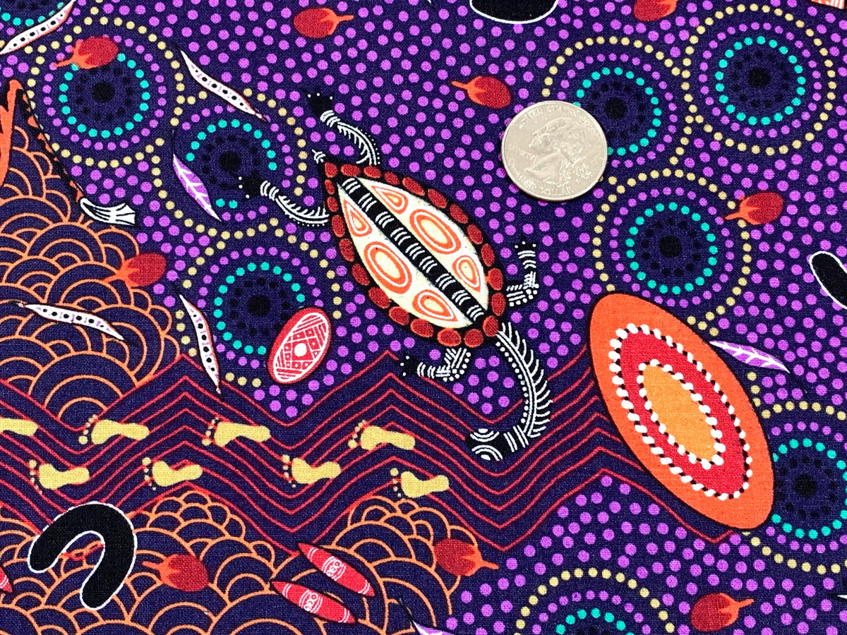 Australian Aboriginal Cotton Quilting Fabric by the YARD. M&S Textiles "Around Waterhole Purple". For sewing, quilting, apparel, home decor.