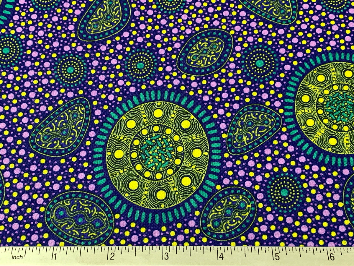 Australian Aboriginal Cotton Quilting Fabric by the YARD. M&S Textiles "Bush Onions and Wild Flowers Purple". For quilting, apparel, home.