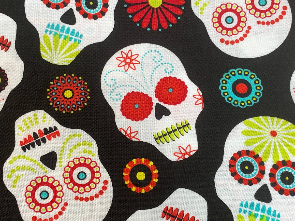 Day of the Dead Sugar Skull Fabric in Red, Turquoise, and Lime. Halloween Fabric Sold by the YARD. 100% Cotton for Apparel & Home Decor.