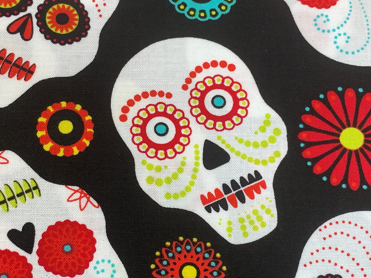 Day of the Dead Sugar Skull Fabric in Red, Turquoise, and Lime. Halloween Fabric Sold by the YARD. 100% Cotton for Apparel & Home Decor.