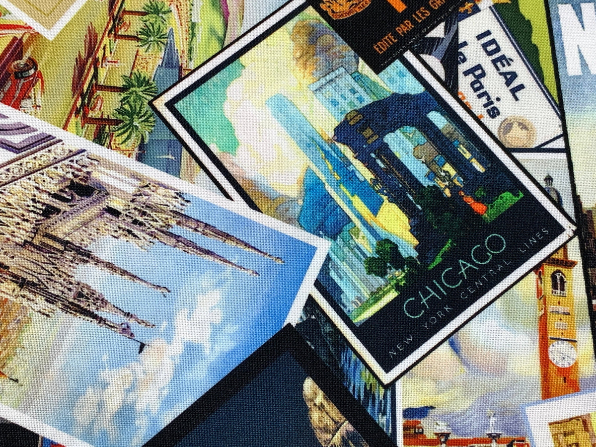International Big City Postcards Fabric Sold by the YARD. New York/Paris/London/Milan/Chicago/Venice. 100% Cotton for Quilting, Home Decor.