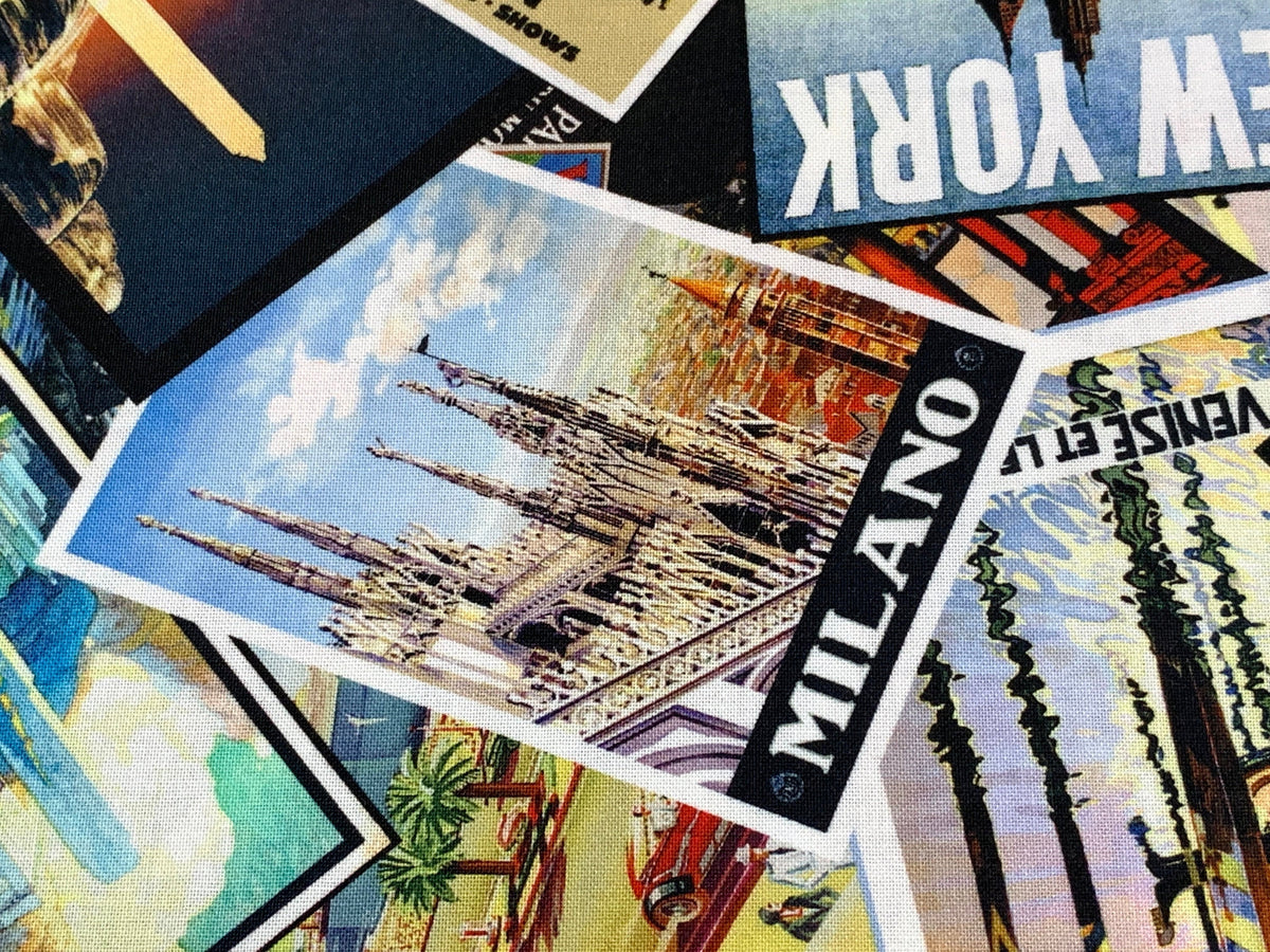 International Big City Postcards Fabric Sold by the YARD. New York/Paris/London/Milan/Chicago/Venice. 100% Cotton for Quilting, Home Decor.