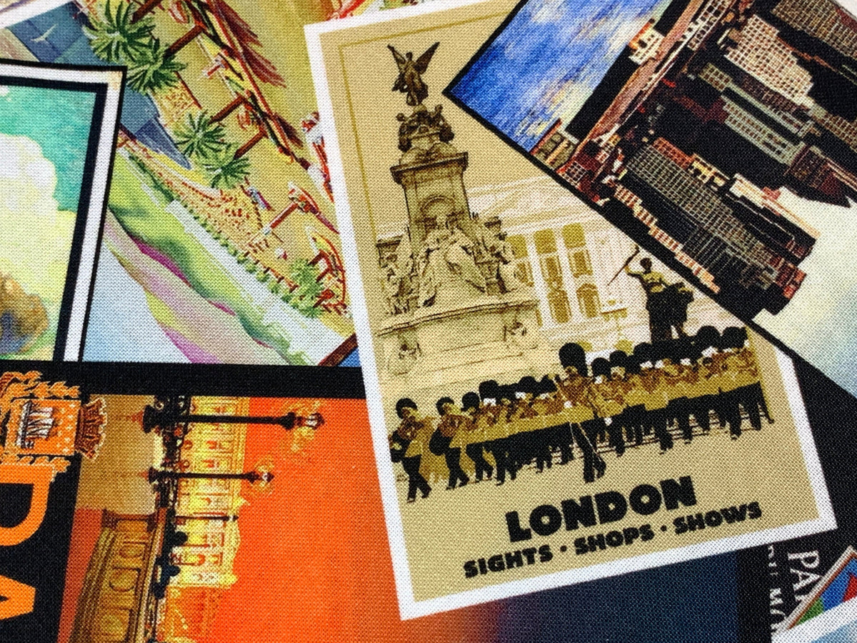 International Big City Postcards Fabric Sold by the YARD. New York/Paris/London/Milan/Chicago/Venice. 100% Cotton for Quilting, Home Decor.